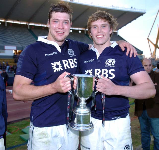 Grant Gilchrist and fellow lock Jonny Gray celebrate victory over the Pumas.